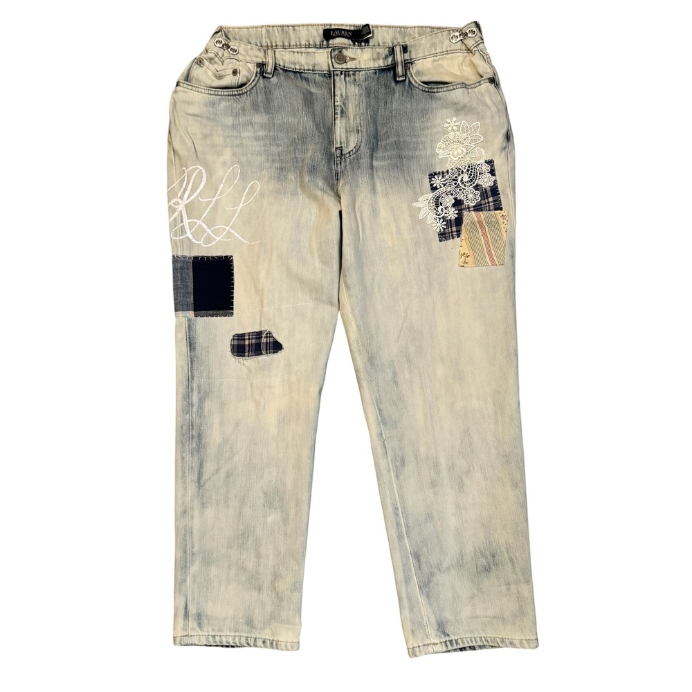 Lauren Ralph Lauren Womens Patchwork Tapered Jeans Light Wash Black Label 14P